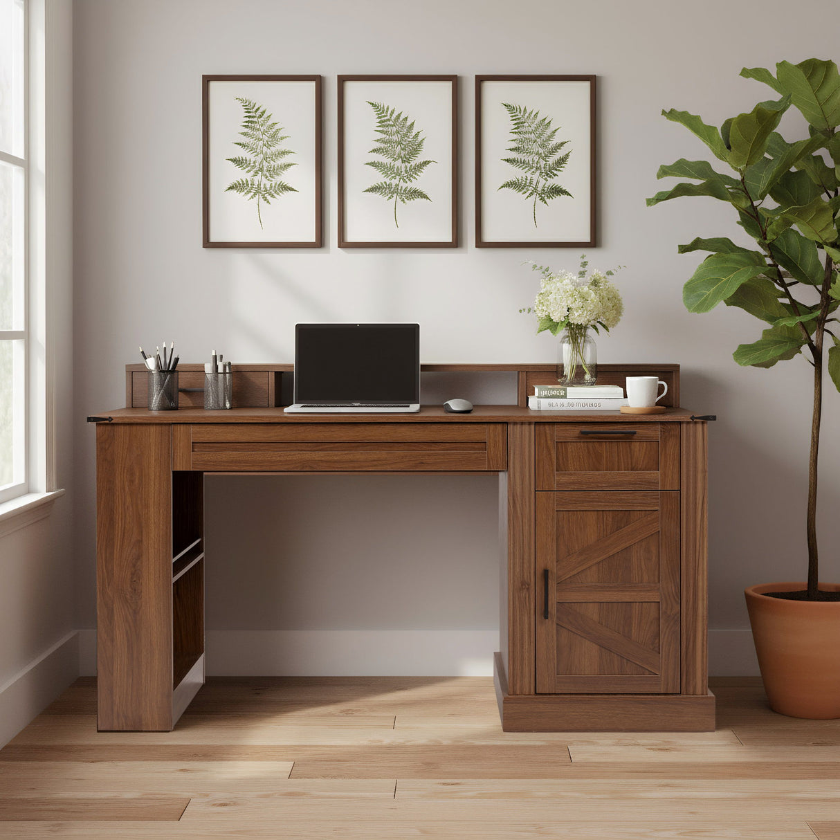 Office Desk With Storage Cabinet, Charging Station, Monitor Stand & Pegboard