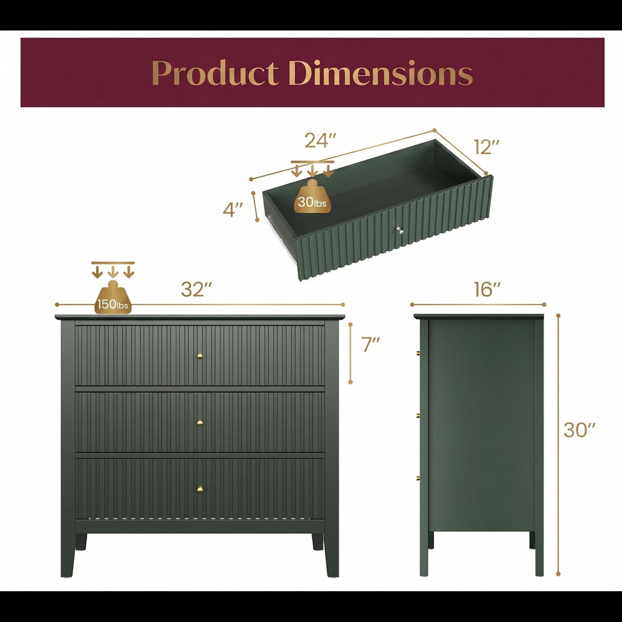 Fluted 3 Drawer Nightstand With Soft Close Slides