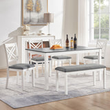 6 Piece Kitchen Dining Set, Rectangular Dining Table With 4 Upholstered Chairs And Bench - Gray / White