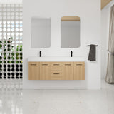 Floating Double Sink Bathroom Vanity With Drawers And Doors, Extra Large Storage, Integrated Sink, Soft Close Hardware - Glossy White / Light Oak