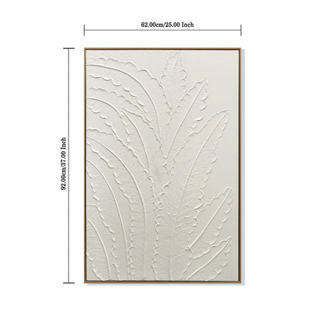 Framed Botanical Leaf Wall Art, Thick Textured Canvas Painting, Neutral Decor For Living Room - White