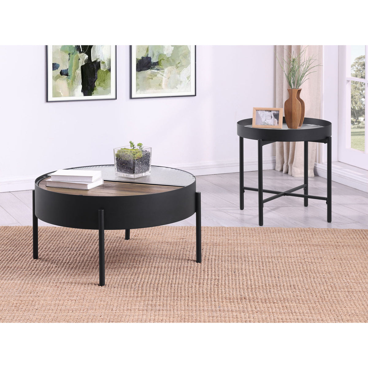 Rafael - 2 Piece Coffee Table Set With Sliding Storage - Tan / Black