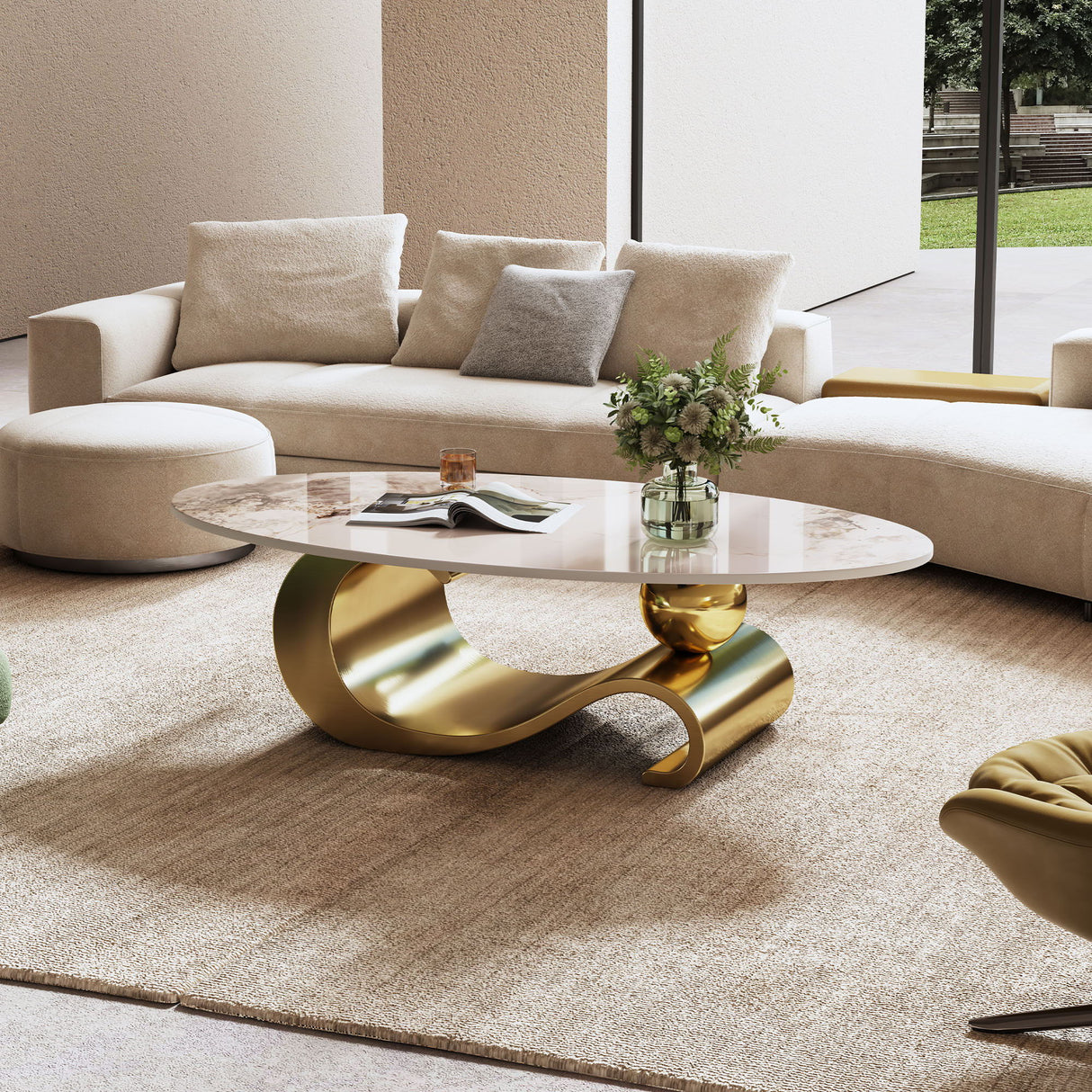 Oval Coffee Table For Living Room - Gold / White