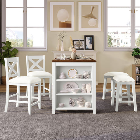 5 Pieces Counter Height Rustic Farmhouse Dining Room Wooden Bar Table Set With 2 Stools And 2 Chairs
