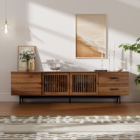 TV Stand, Media Console With 2 Drawers, Soft Closing Hinges, Adjustable Shelves, Slatted Design - Walnut