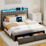 Upholstered Platform Bed Frame With RGB LED Lights, Charging Station & 2 Underbed Drawers