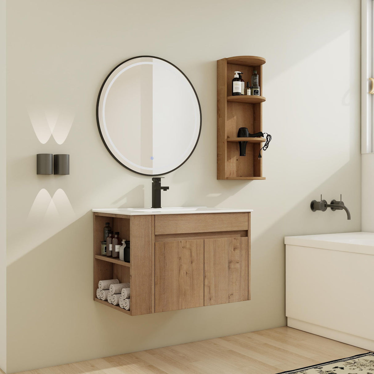 Modern Wall Mounted Bathroom Vanity With Sink And Storage Rack Soft Close Doors - Imitative Oak