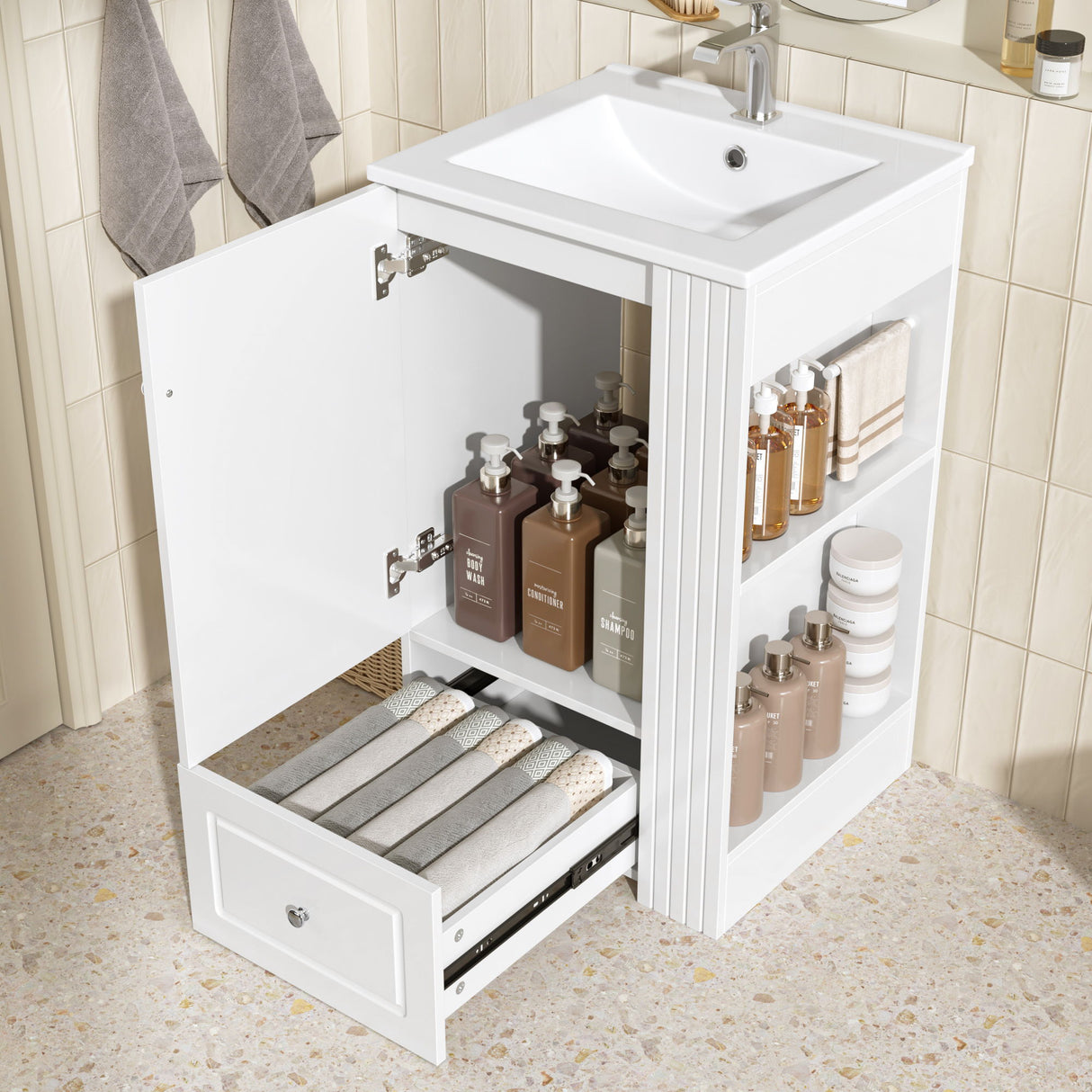 Modern Freestanding Bathroom Vanity With Sink, Soft-Close Drawer, Towel Bar