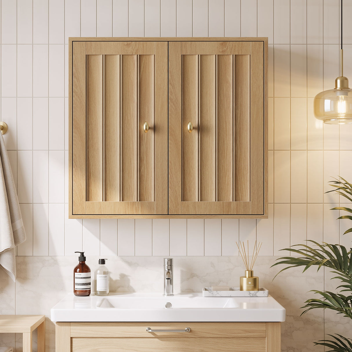 Wall Mounted Bathroom Cabinet With Double Doors And Vertical Grooved Design For Bathrooms - Oak