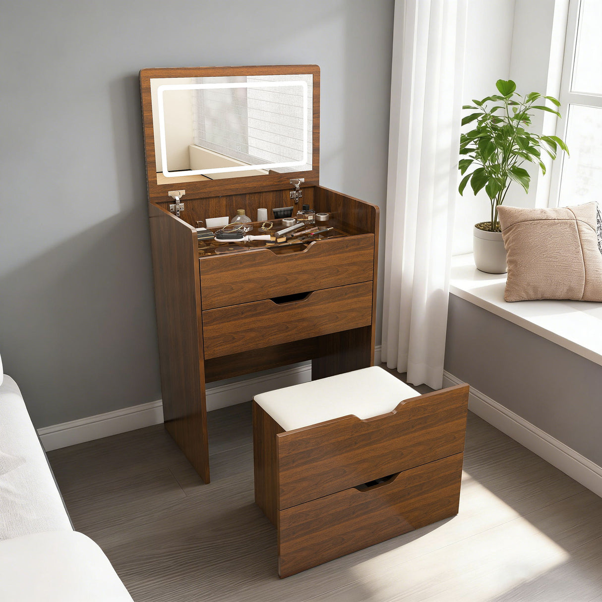Vanity Desk With Lighted Mirror & Stool