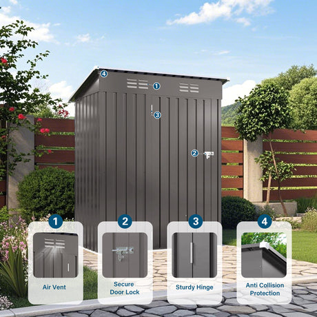5 X 3 Ft Durable Metal Shed Outdoor Storage Shed With Pitched Roof And Lockable Door - Gray