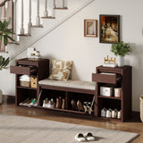 Entryway Storage Bench With Cushion, Drawers & Open Shelves