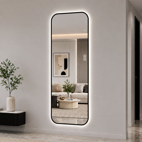 Oversized Backlit LED Full Length Mirror With 3 Color Temperatures, Wall Mounted For Bedroom - Black