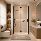 Semi Frameless Bifold Shower Door, Reversible Pivot Hinge, Space Saving Bathroom Panel - Matte Black
