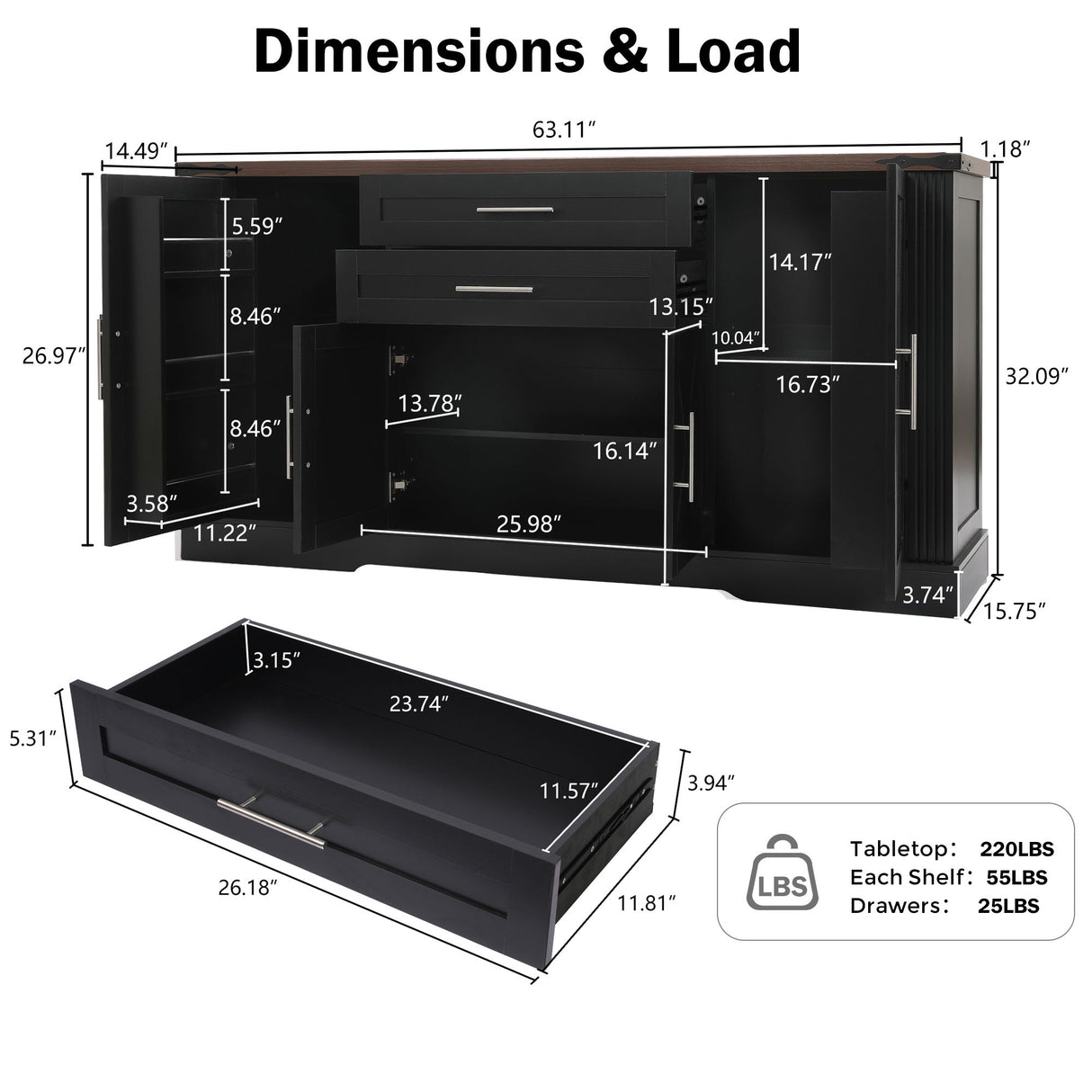 Barn Door Storage Cabinet With 2 Drawers & Door Rack, Adjustable Shelves