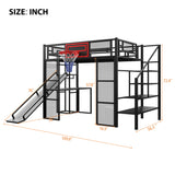 Loft Bed With Built In Desk, Open Wardrobe, Basketball Hoop, Slide And Staircase