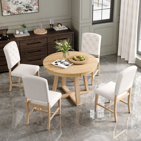 Dining Set With Leaf Round Table And 4 Upholstered Chairs
