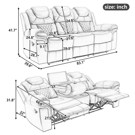 Home Theater Seating Manual Recliner Chair With Center Console And LED Light Strip For Living Room - Red