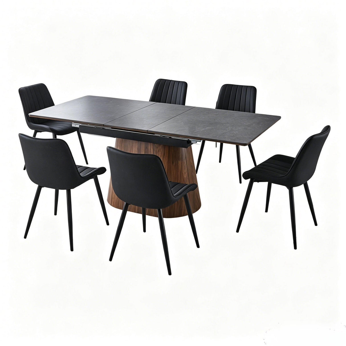 Extendable Dining Table With Cone Base And 6 Dining Chairs - Brown / Black