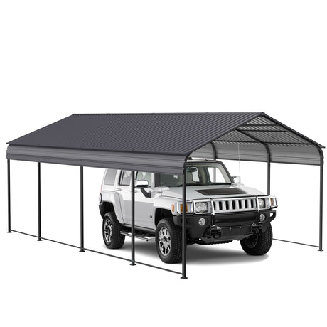 Metal Carport 12 X 20 Ft Heavy Duty With Galvanized Steel Roof Metal Garage Canopy With Galvanized Steel Roof & Frame Car Tent Outdoor Storage Shed For Car Boats And Truck - Alabaster / Dark Gray