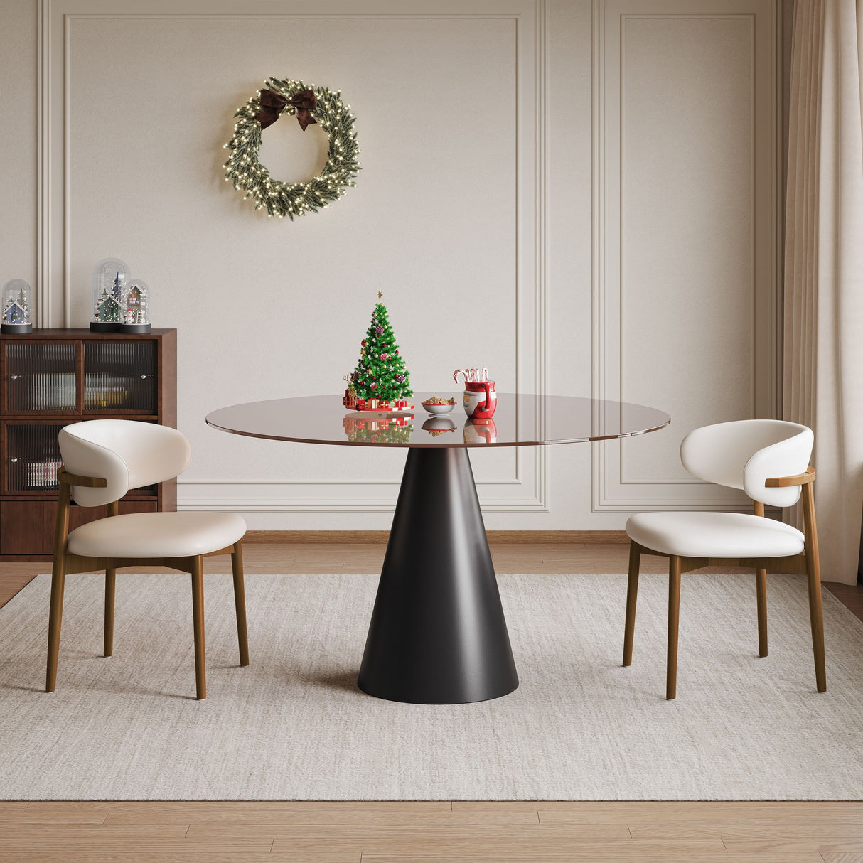 Round Dining Table & Glass Top - Black / Brown