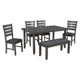 Dining Set For 6, Upholstered Chairs, Includes Table, 4 Chairs, And 2 Person Bench - Gray