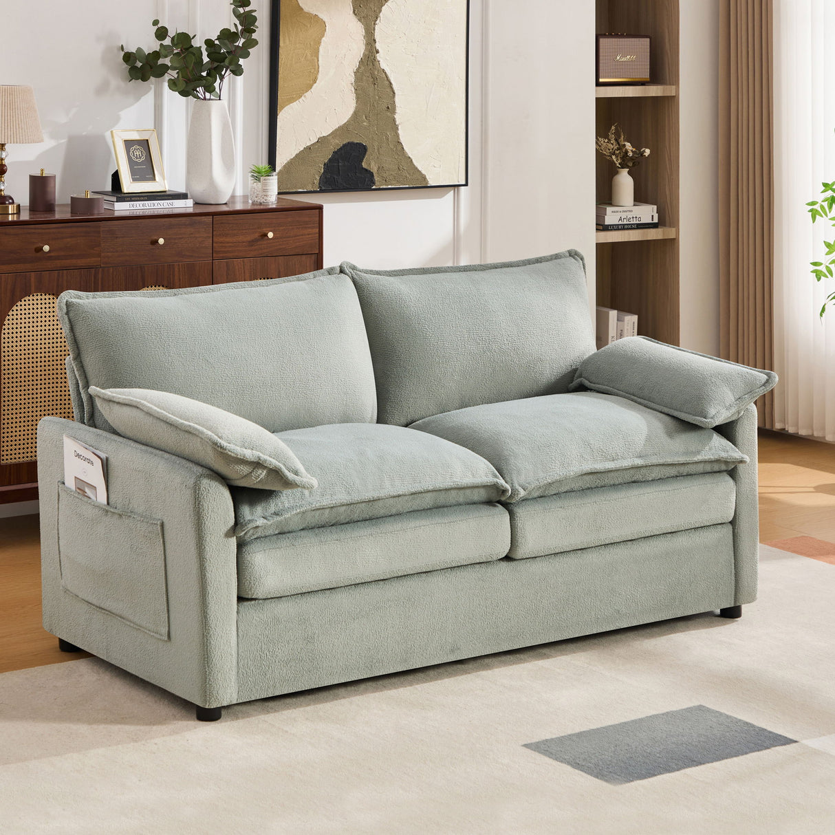 Modern Loveseat Sofa, Upholstered Couch With Side Storage Pockets