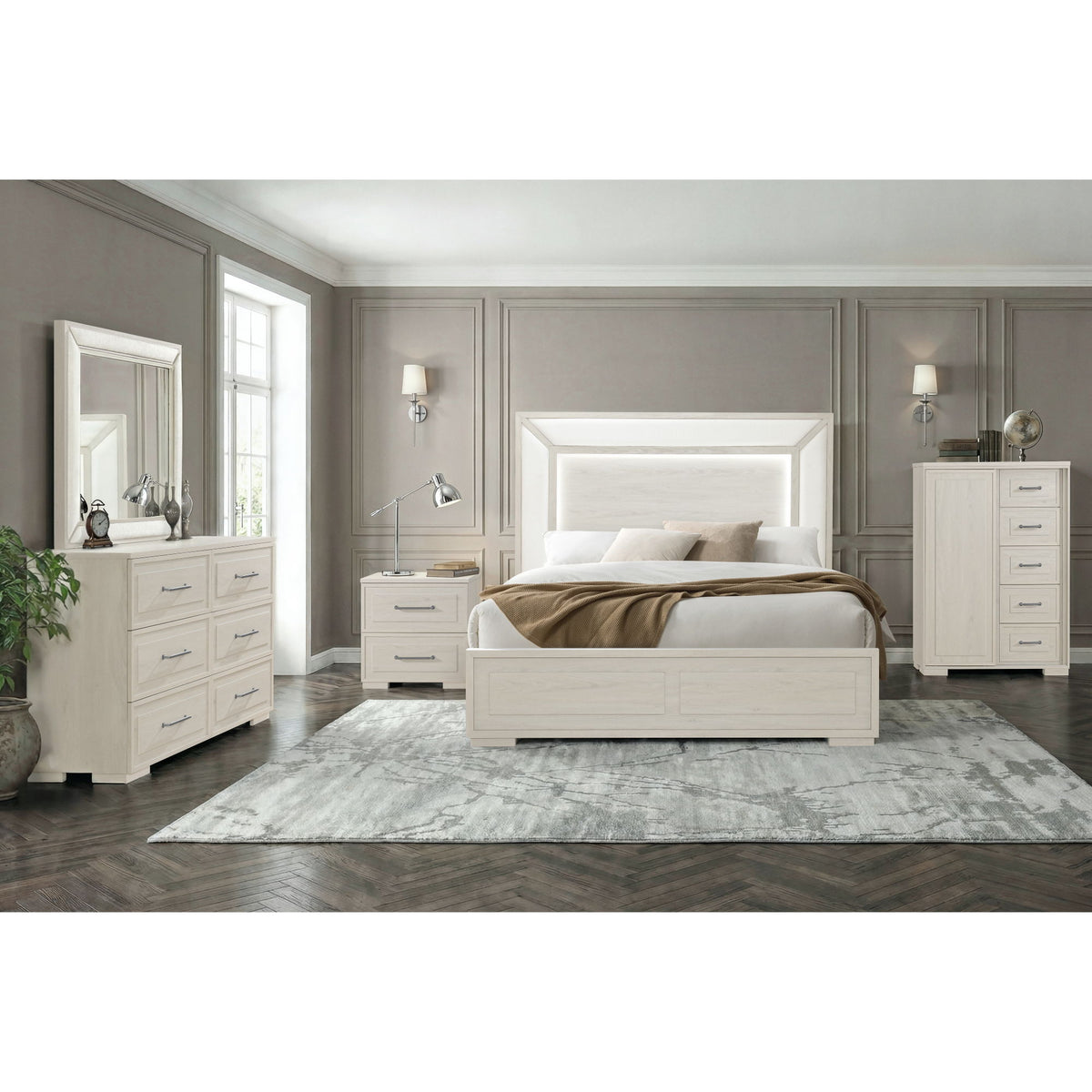 Ciara - King Bed With LED Panel Headboard, Low Profile Design - Beige