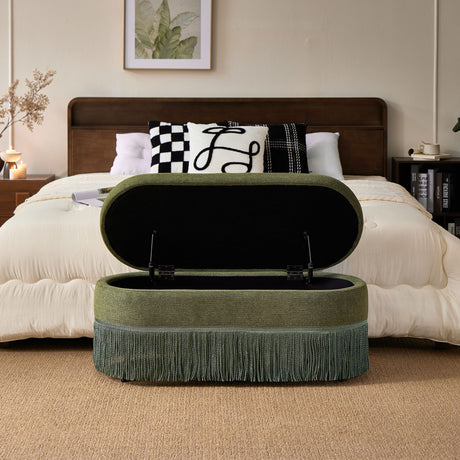 Oval Upholstered Storage Ottoman With Fringe Trim & Lift Top Lid