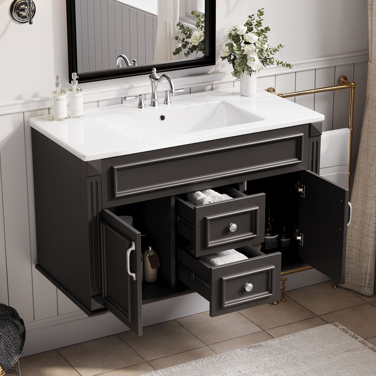 French Simple Style Wall Mounted Bathroom Cabinet With Sink