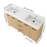Double Sink Bathroom Vanity With 3 Drawers, Large Storage, Integrated Sink, Freestanding Cabinet, Soft Close Hardware - Glossy White / Light Oak