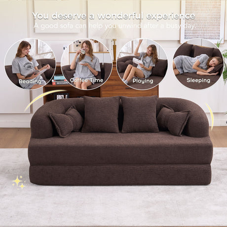 Foldable Sofa Bed, Boneless Couch Convertible Sleeper With 4 Pillows
