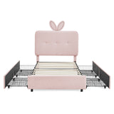 Upholstered Bed With Oversized Rabbit Ear Headboard, LED Lights & 4 Storage Drawers
