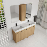 Double Sink Bathroom Vanity Set With Tall Linen Cabinet, Extra Large Storage, Integrated Sink, Freestanding Cabinet - Light Oak / White