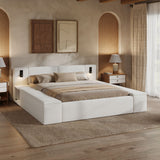 Upholstered Platform Bed Frame With Hidden Storage, Built-In Nightstands & LED Reading Lights