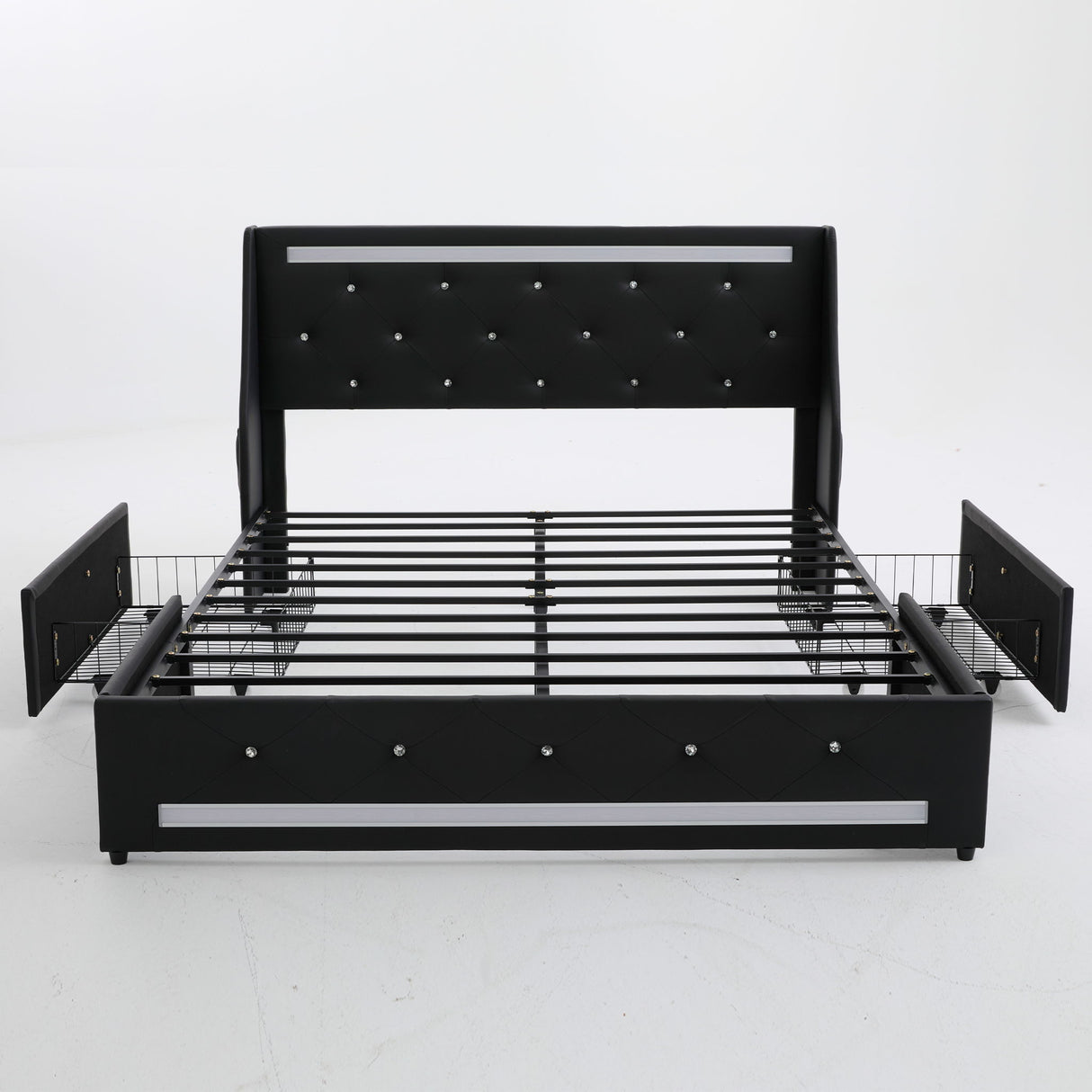 Wingback Upholstered Bed Frame With LED Lights, Charging Station