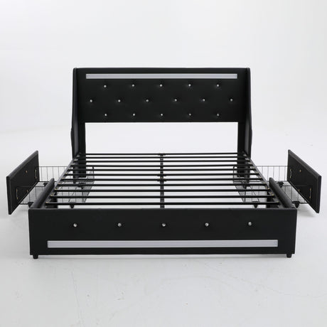 Wingback Upholstered Bed Frame With LED Lights, Charging Station