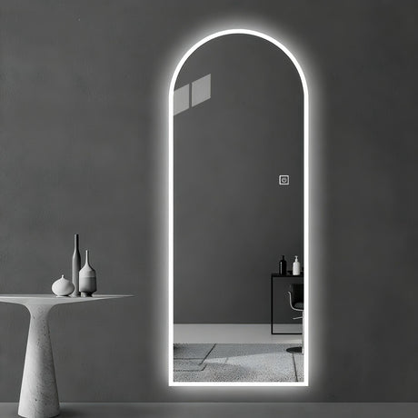 LED Full Length Wall Mirror With Symmetrical Arch Design, Dimmable 3 Color Temperature Lighting - Silver