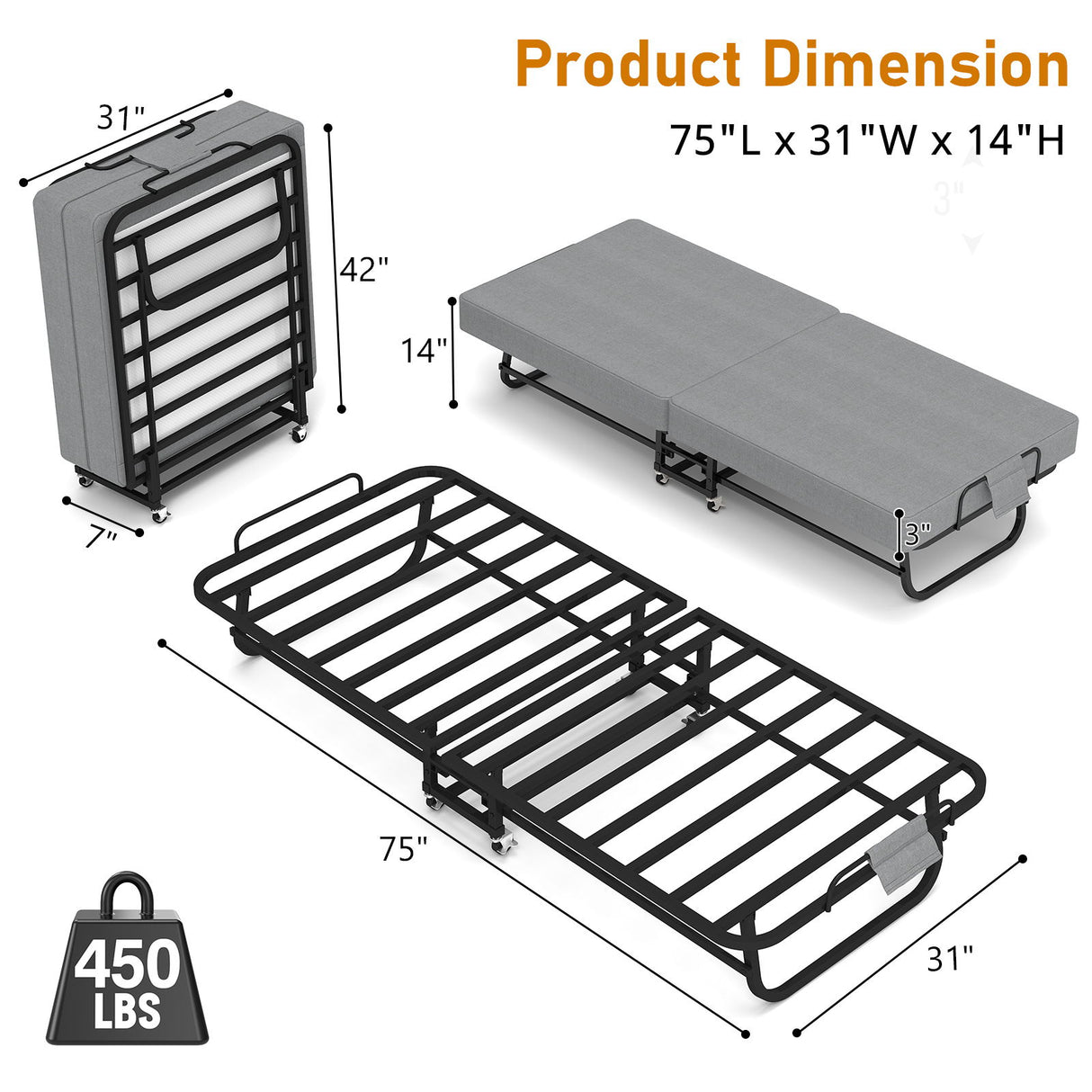 Twin Folding Bed With Memory Foam Mattress, 4 Lockable Wheels - Gray