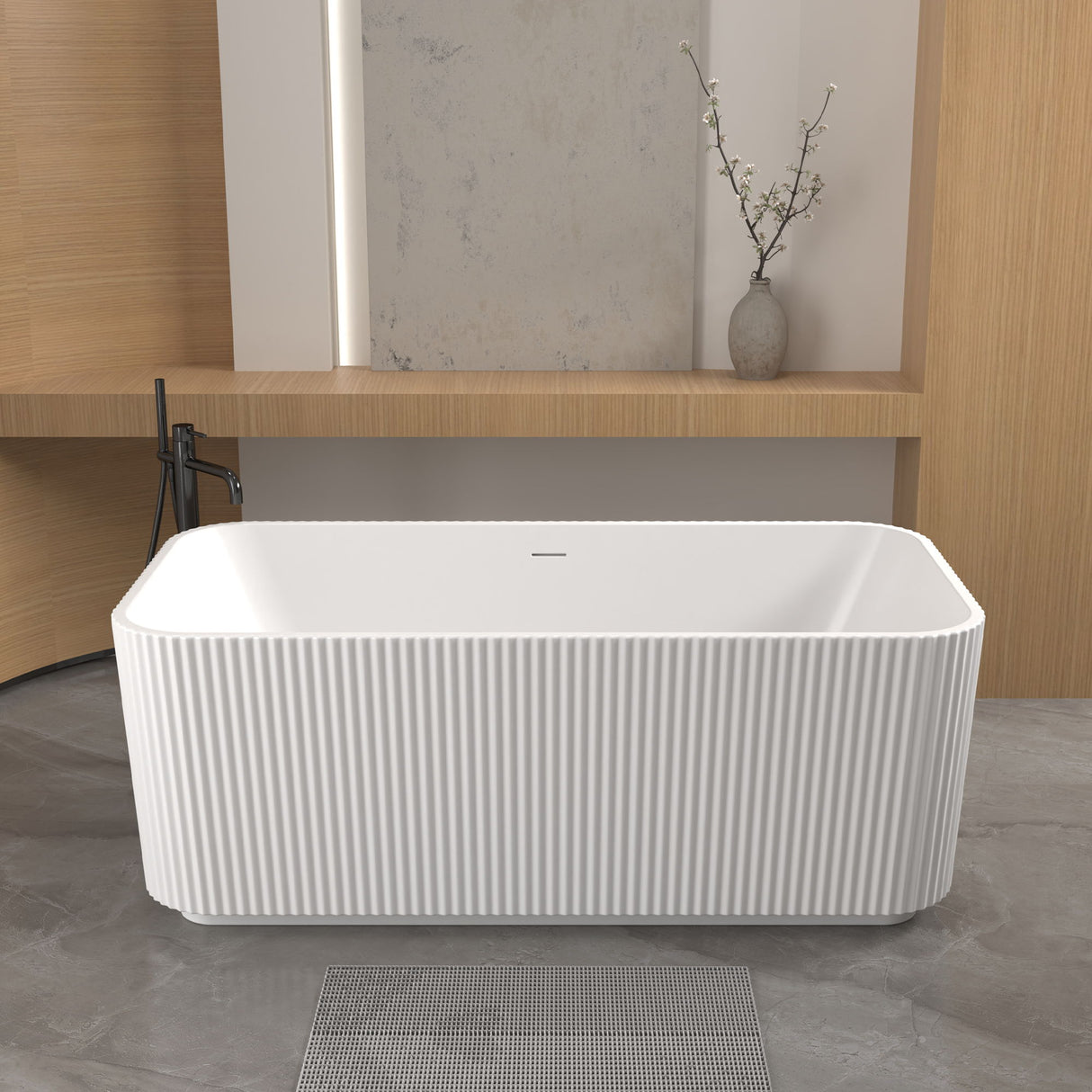 Rectangle Linear Freestanding Soaker Tub With Pop Up Drain, Double Wall Insulated Construction - Gloss White