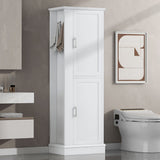 Tall Freestanding Bathroom Storage Cabinet With Adjustable Shelves And Side Hooks