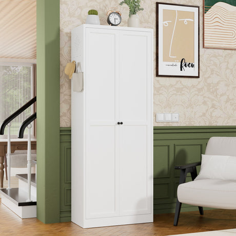 Kitchen Pantry Cabinet With Doors, Heavy-Duty Freestanding Storage Organizer With 5 Adjustable Shelves, Tool Free Assembly - White