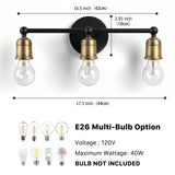 3 Light Wall Sconce, Vanity Light, No Bulbs Included - Black / Gold