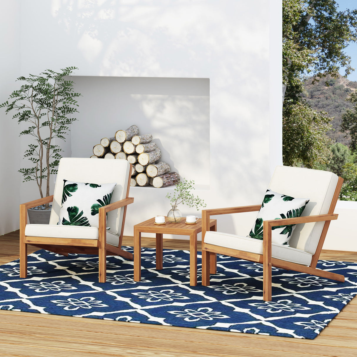 3 Piece Outdoor Chat Set With Table And 2 Adirondack Chairs - White / Brown Patina