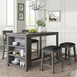 5 Pieces Counter Height Rustic Farmhouse Dining Room Wooden Bar Table Set With 2 Stools And 2 Chairs