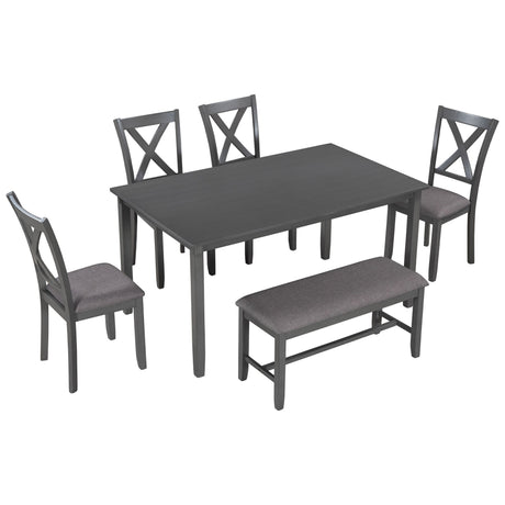 6 Piece Rectangular Dining Table Set With 4 Chairs And Bench