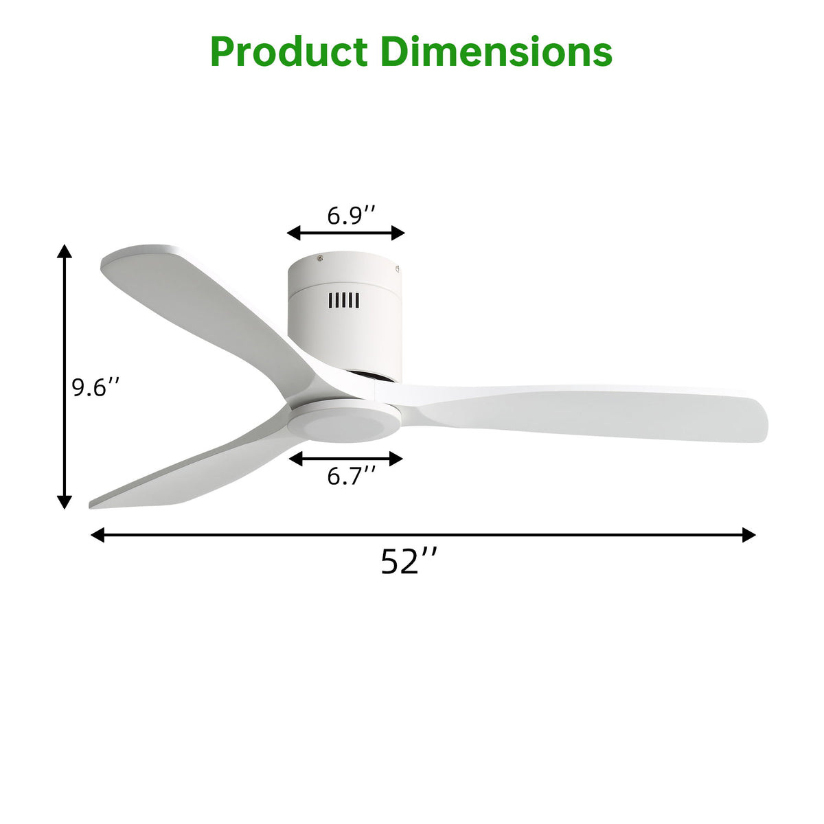 52" Flush Mount Ceiling Fan With Remote, No Light, 3 Blades, 6 Speed DC Motor For Indoor Patio - White