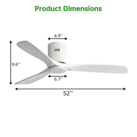 52" Flush Mount Ceiling Fan With Remote, No Light, 3 Blades, 6 Speed DC Motor For Indoor Patio - White