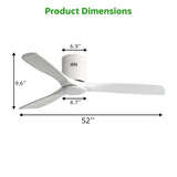 52" Flush Mount Ceiling Fan & Remote, No Light, 3 Blades, 6 Speed DC Motor For Indoor Patio - White