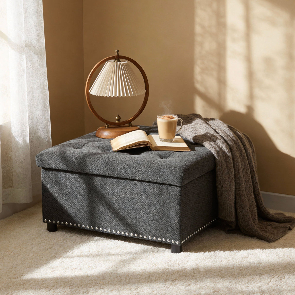 Square Tufted Storage Ottoman With Nailhead Trim